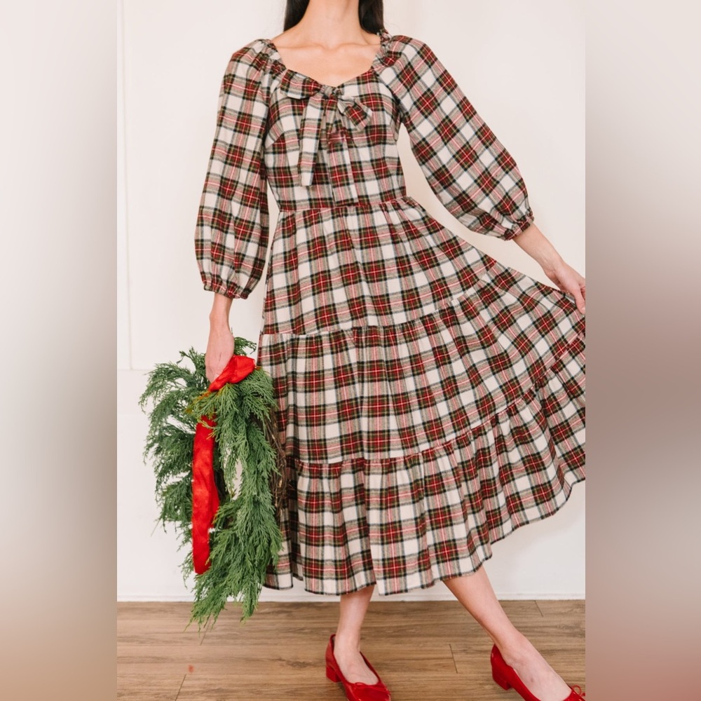 Ivy City Co Plaid Long Sleeve Dress - Red and White